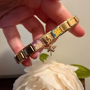 Botanical Garden Italian Charm Bracelet with Crystal Dragonfly Dangle